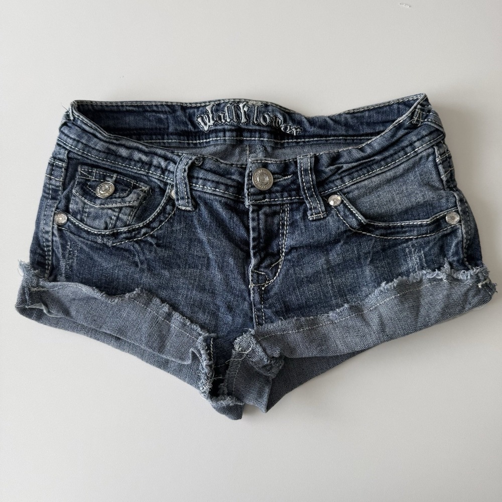 Wallflower Women's Denim Blue Micro Shorts‎ American Flag Pockets Sz 3 Y2K 2000s